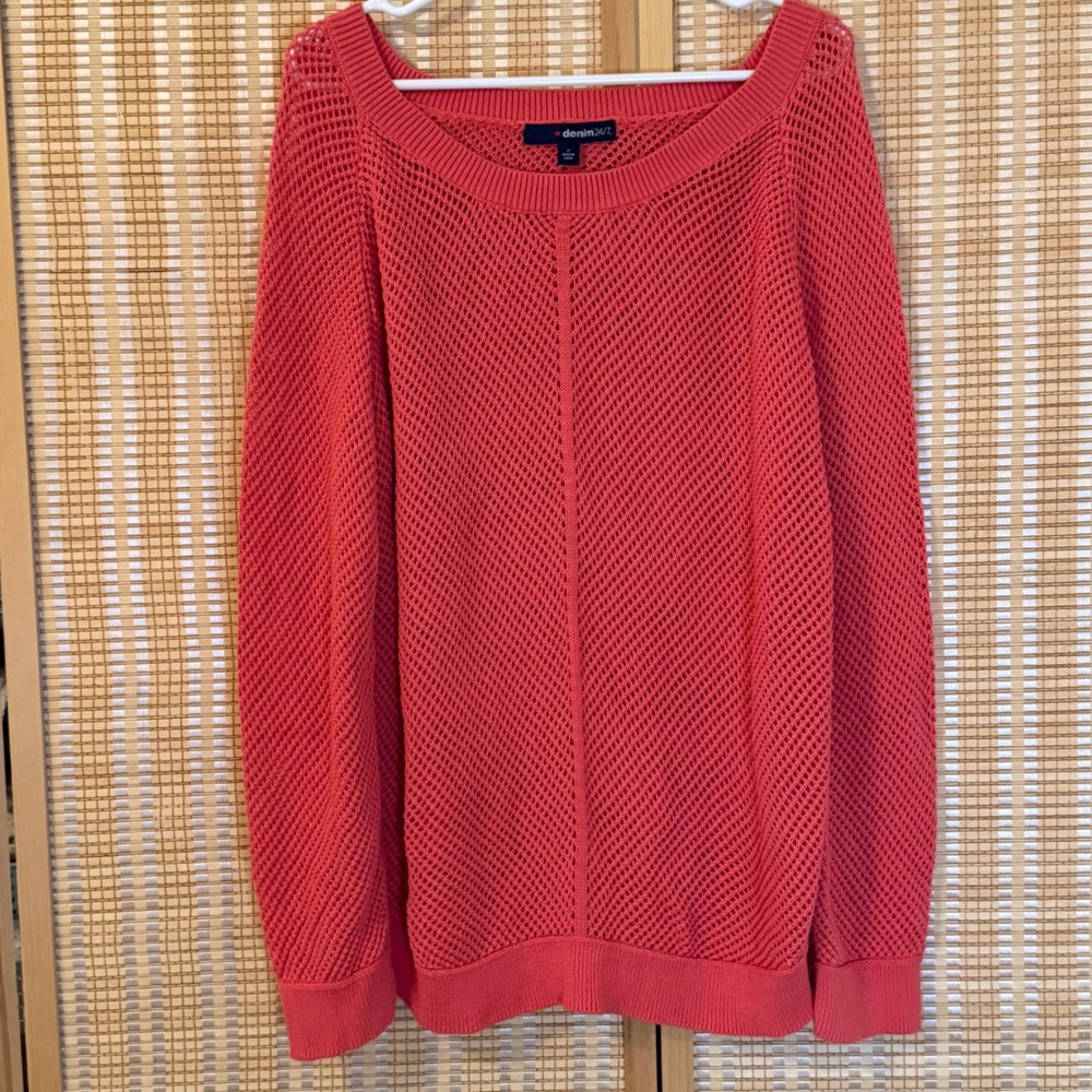Denim 24/7 Women Coral Pink 100% Cotton Open Knit Sweater 1X Resortwear Beach